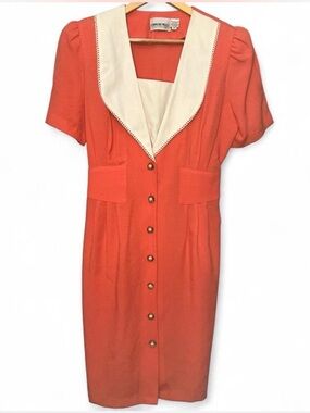 Vintage Caroline Wells Coral Dress with Cream Collar 80s 90s